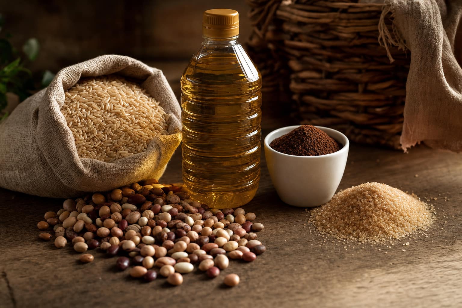 close-up-artistico-de-itens-essenciais-nao-pereciveis-arroz-feijao-oleo-cafe-e-a