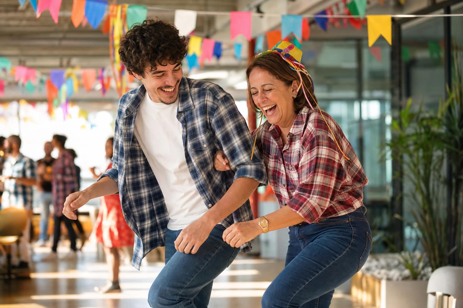 dois-colegas-de-trabalho-um-mais-jovem-e-uma-mais-velha-rindo-enquanto-tentam-pa