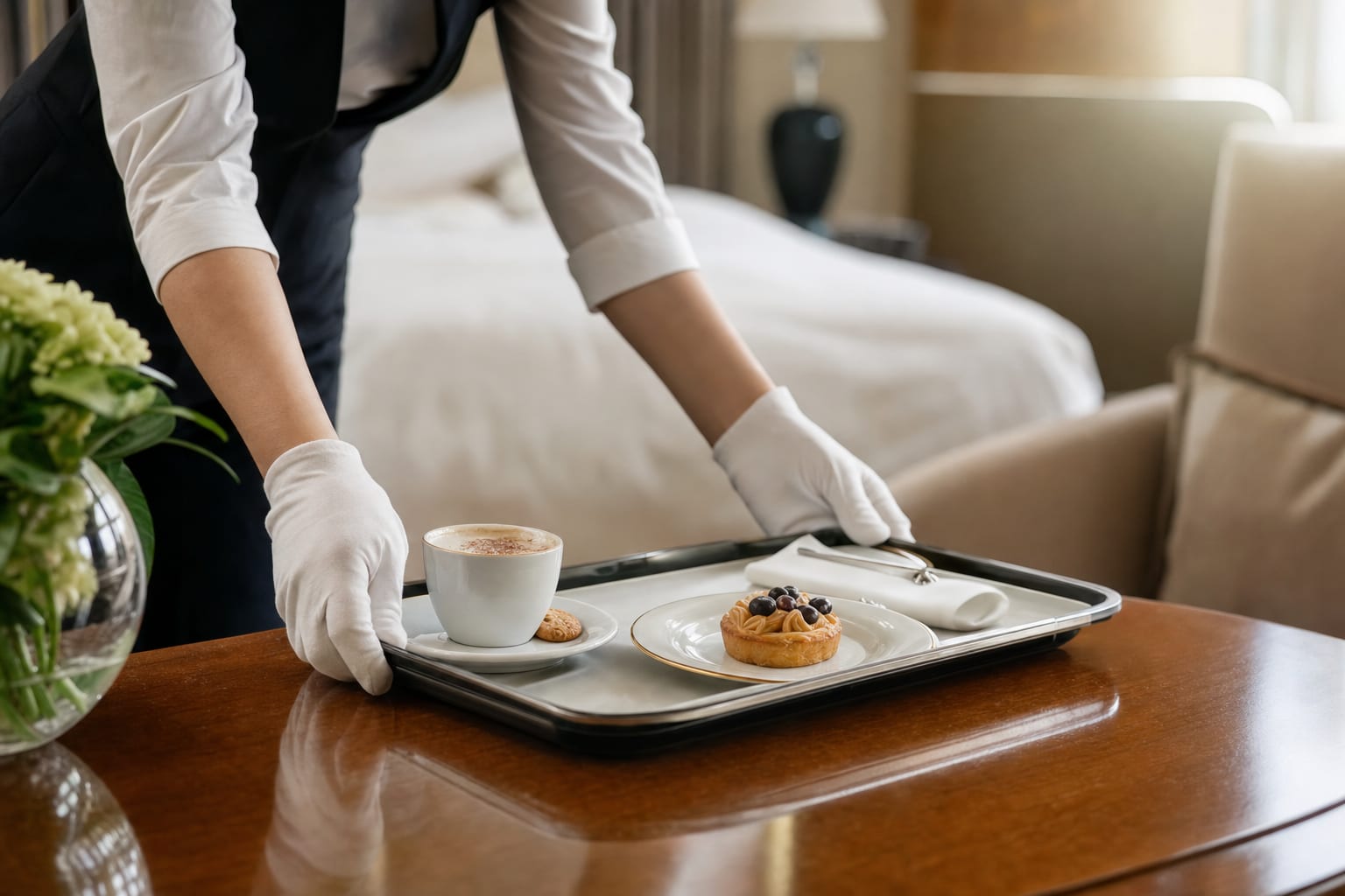 maos-de-um-funcionario-de-hotel-colocando-uma-bandeja-de-room-service-com-cafe-e