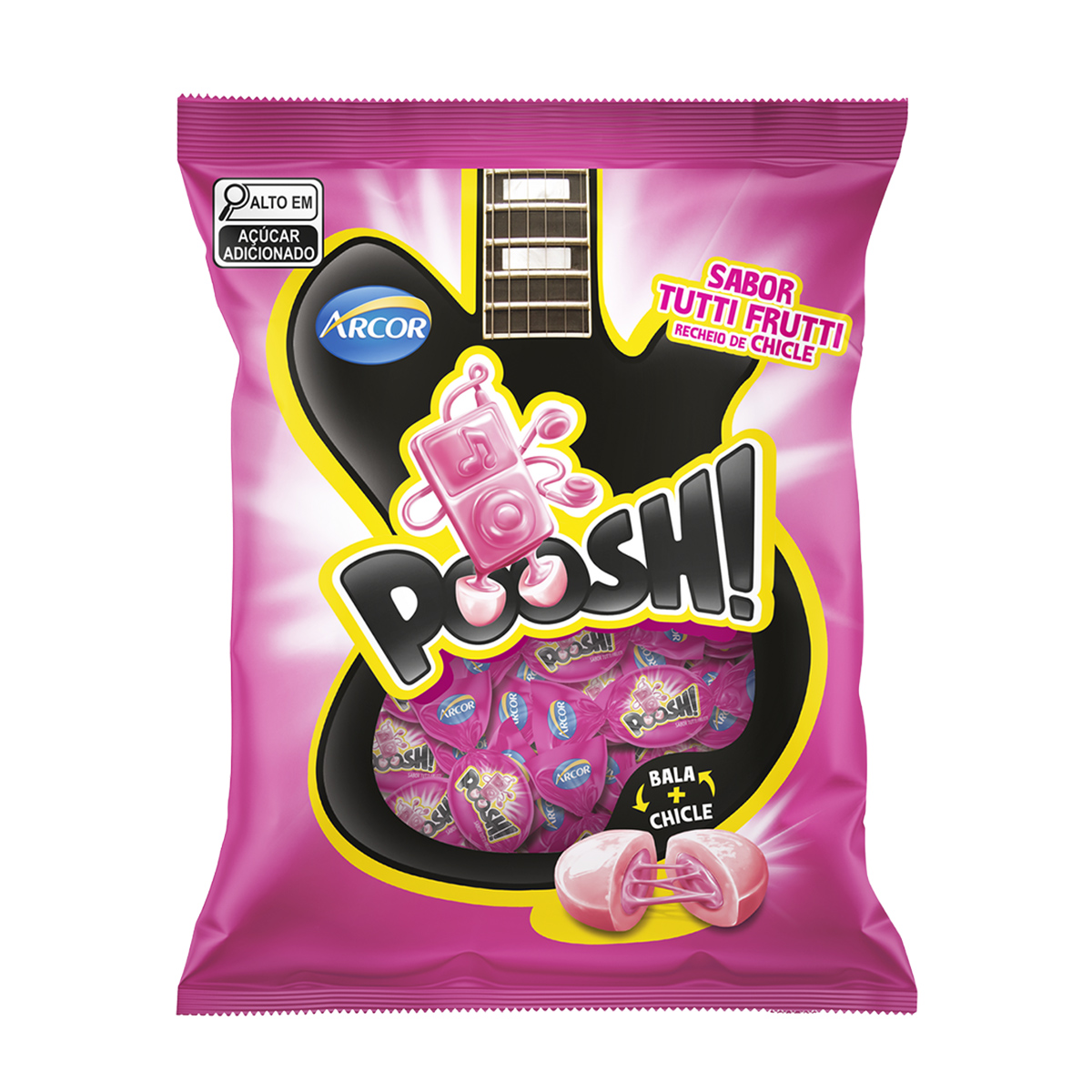 Bala Poosh Tutti-Frutti Recheada com Chicle Arcor - 500g