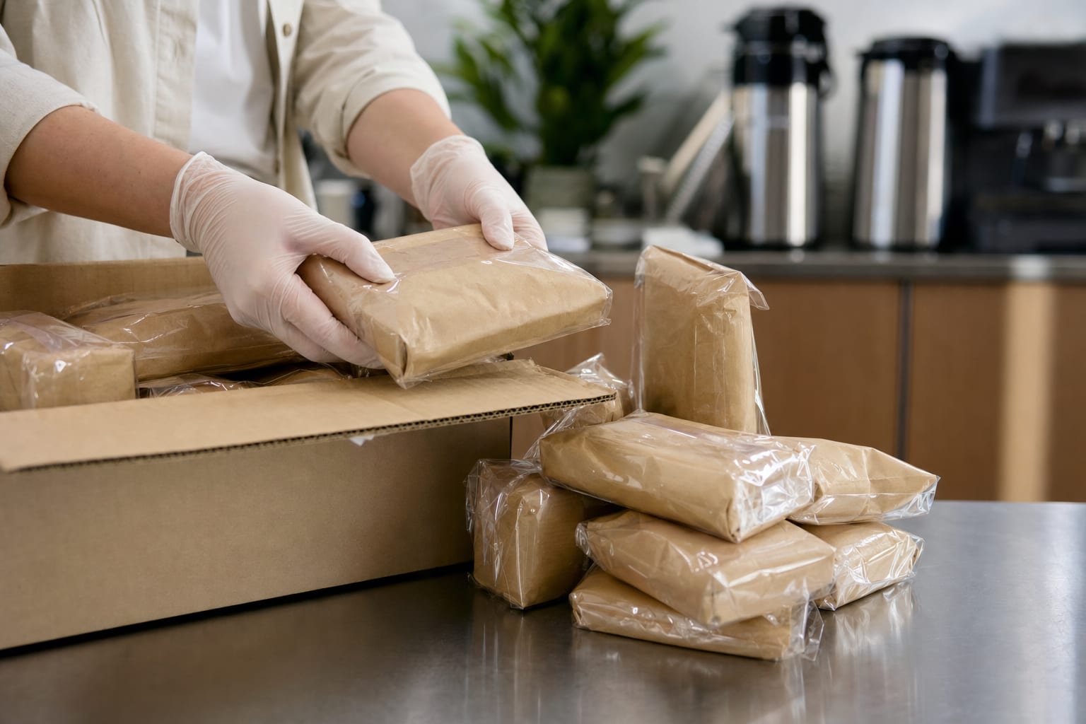 Reposição de estoque de alimentos para coffee break empresarial