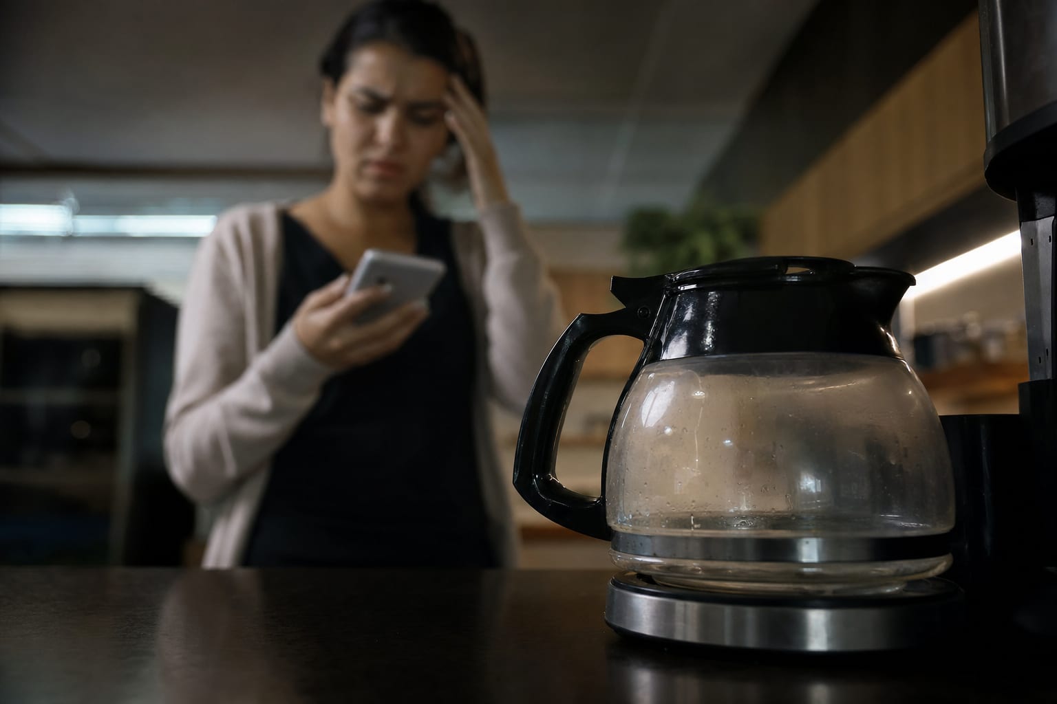 um-bule-de-cafe-industrial-vazio-em-uma-copa-corporativa-com-uma-pessoa-frustrad