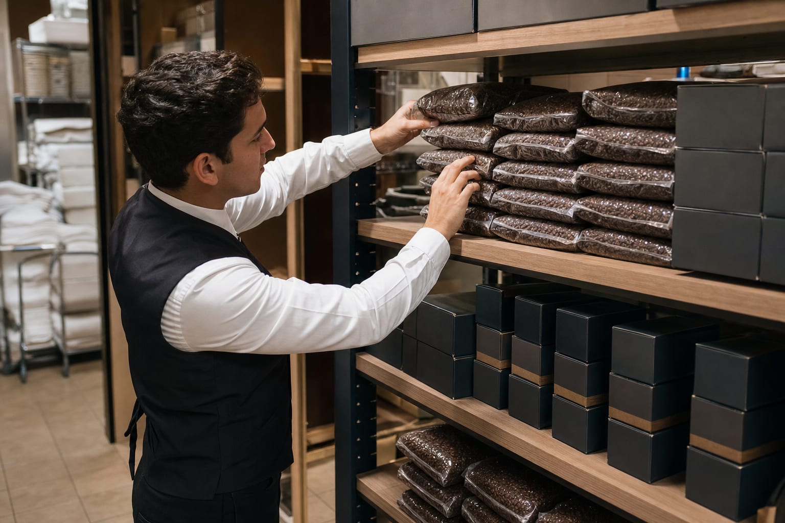 um-funcionario-de-hotel-organizando-sacos-de-graos-de-cafe-e-caixas-de-capsulas-