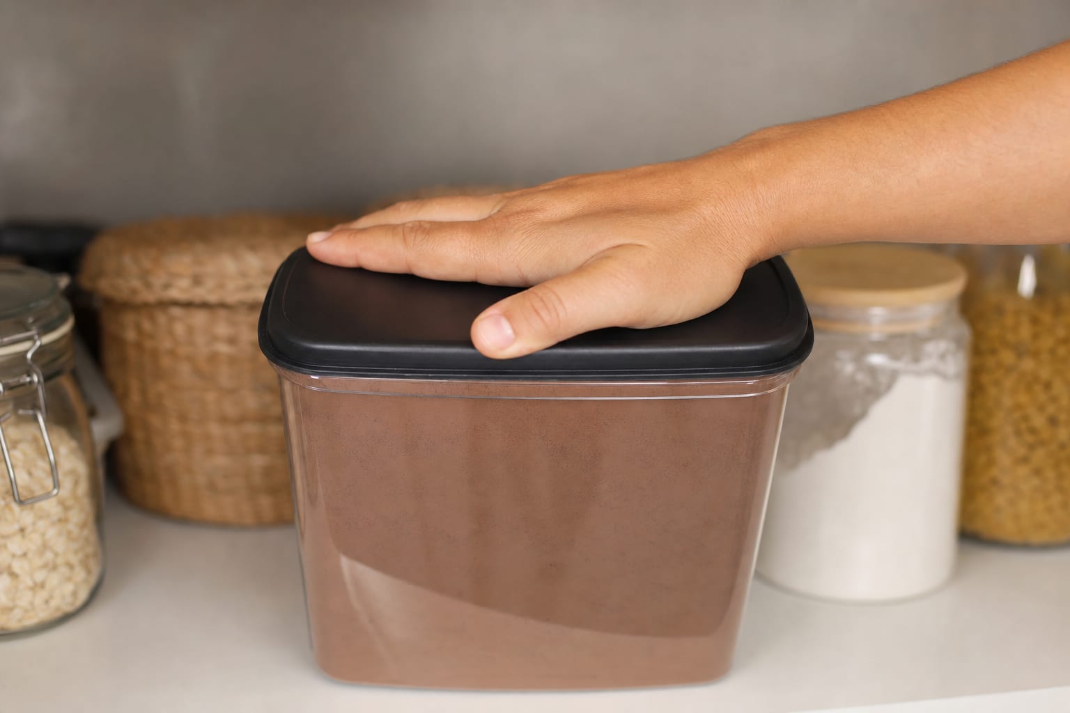 uma-mao-fechando-firmemente-a-tampa-de-um-grande-recipiente-de-achocolatado-em-p
